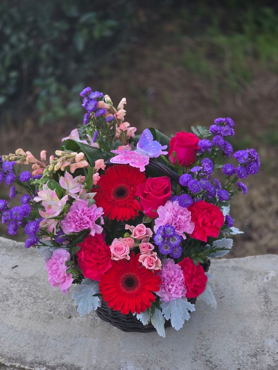 A bouquet in a wicker basket with gerberas, roses, carnations, alstroemeria, and Monte Casino