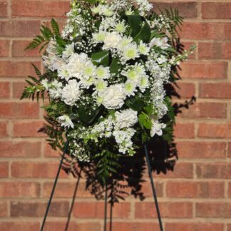 Funeral Standing Sprays & Wreaths  on a  matthiola, spray white chrysanthemum, white carnation, gypsophila