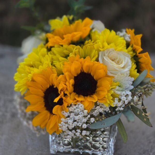 Sunflower bouquet in glass vase with bright golden yellow sunflower blooms