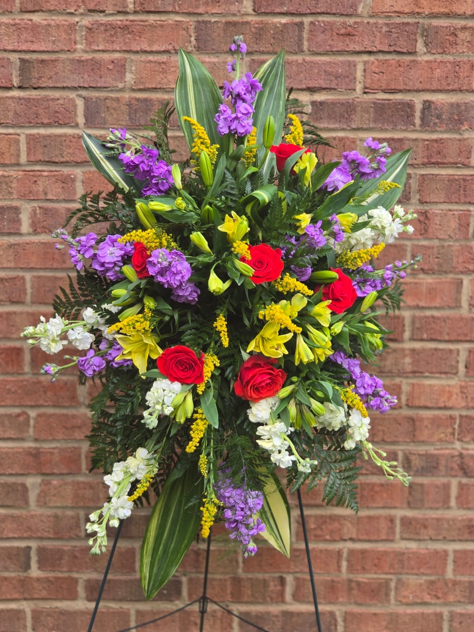 Funeral Standing Sprays & Wreaths with yellow lily, matthiola and red rose: a symphony of color - Image 2