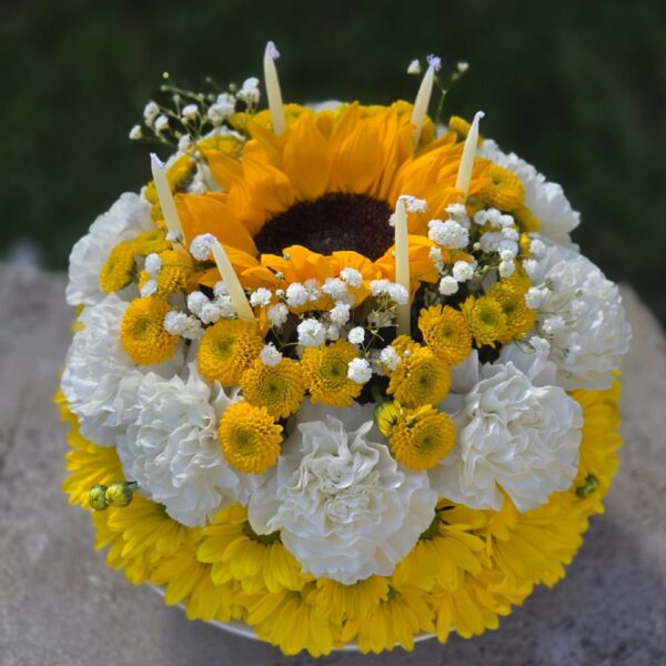 Sunshine Flower Cake with yellow chrysanthemums, sunflower, white carnations, lily, fern and decorative candles