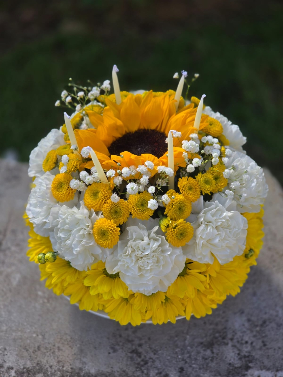 Sunshine Flower Cake with yellow chrysanthemums, sunflower, white carnations, lily, fern and decorative candles