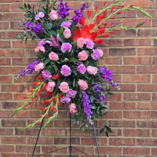 Funeral Standing Sprays & Wreaths  with pink roses, purple matthiola, red gladioli