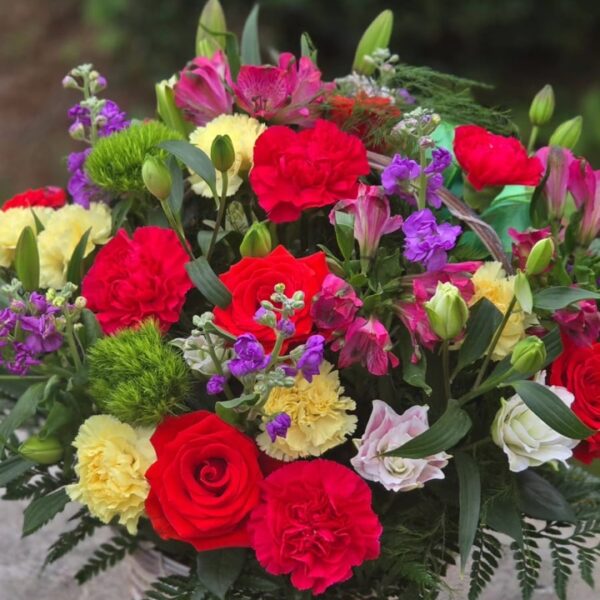 Royal Garden red rose flower basket with pink lily, lilac matthiola and colorful fresh flowers