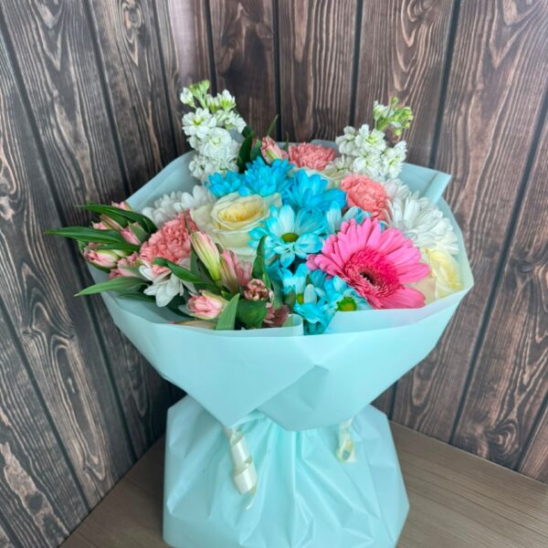 Cloud of Serenity blue and white flower bouquet with spray chrysanthemums, white rose, alstroemeria, dianthus and matthiola