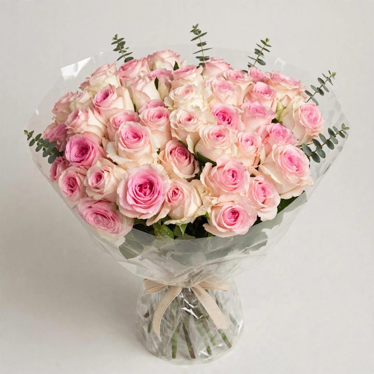 Pink Garden Romance soft pink rose bouquet with eucalyptus