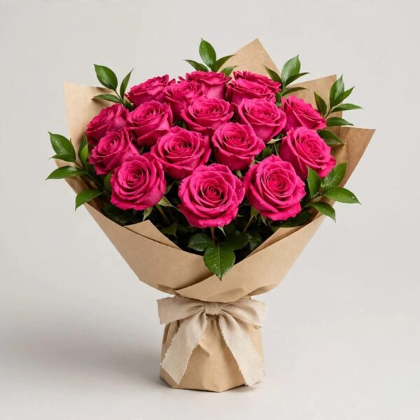 Pink Rose Elegance pink rose bouquet with greenery and ribbon